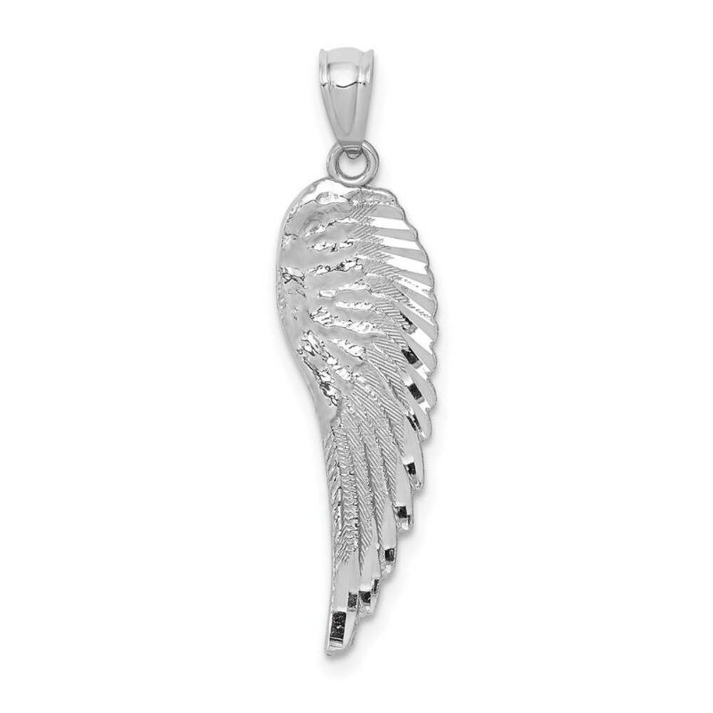 14k White Gold Textured Angel Wing Pendant, 10 x 33mm